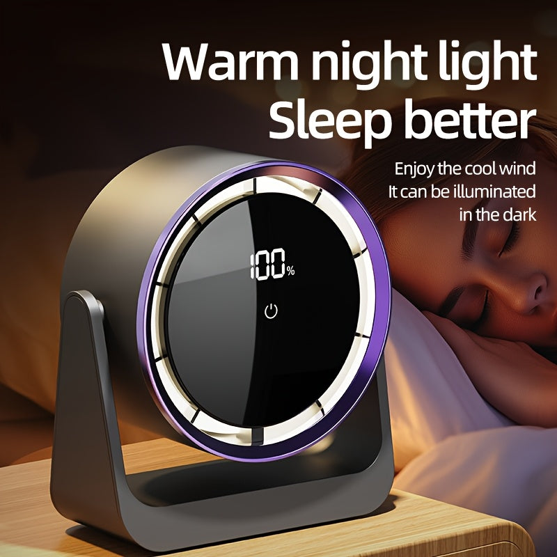 Portable LED fan with touch screen control 5-speed adjustable digital display USB rechargeable compact design indoor outdoor use