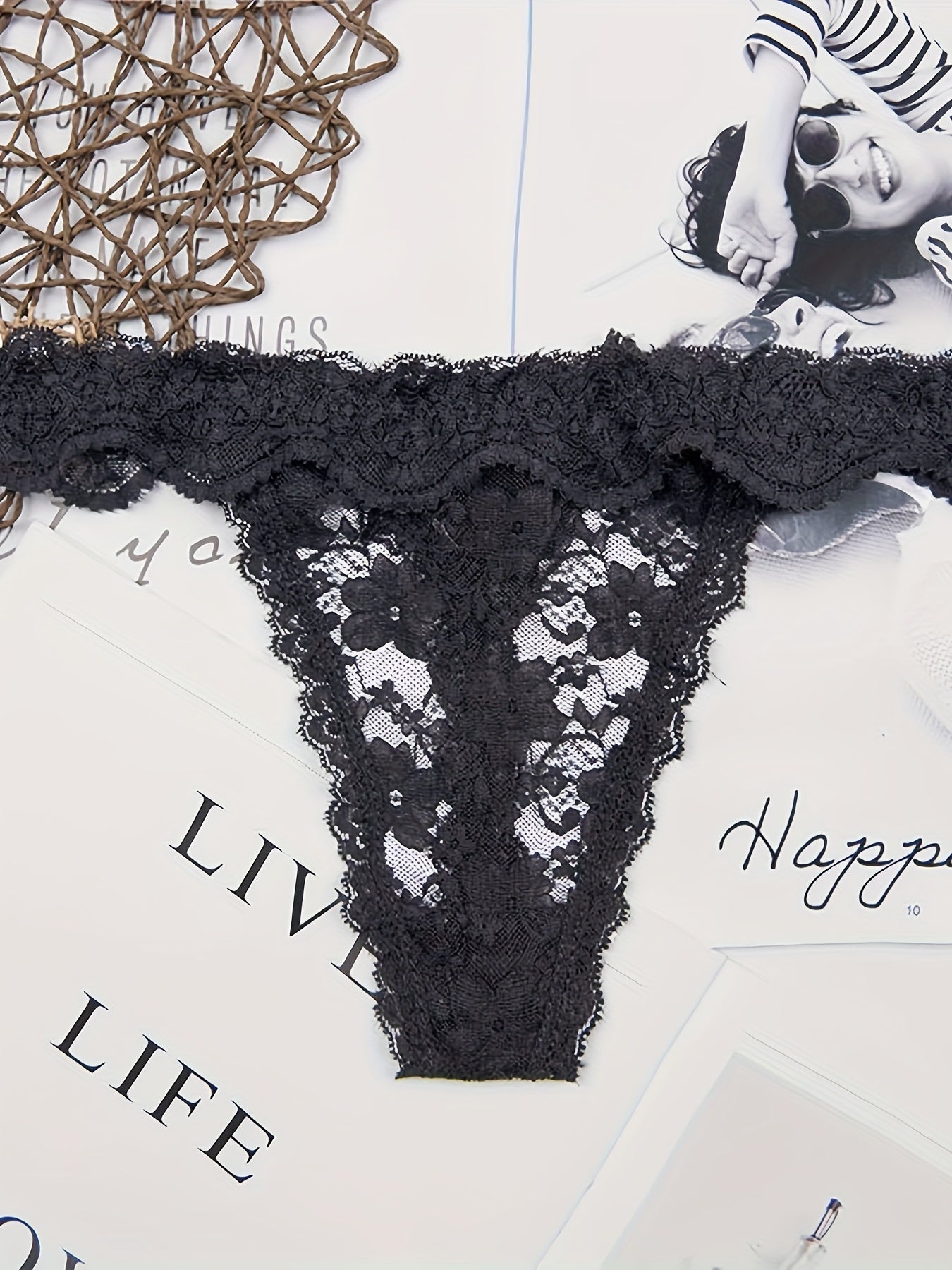 Women's Floral Lace Thongs 6-Pack Semi-Sheer Scallop Trim Comfortable Lingerie