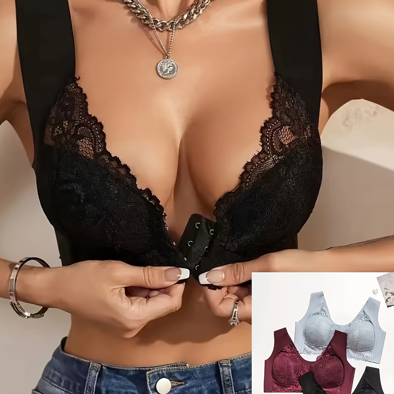 Women's Black Floral Lace Push-Up Bralette Wireless Front Closure Seamless Lingerie