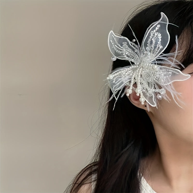 White Lace Flower Hairpin with Feather Edge for Bridal Wedding Accessories