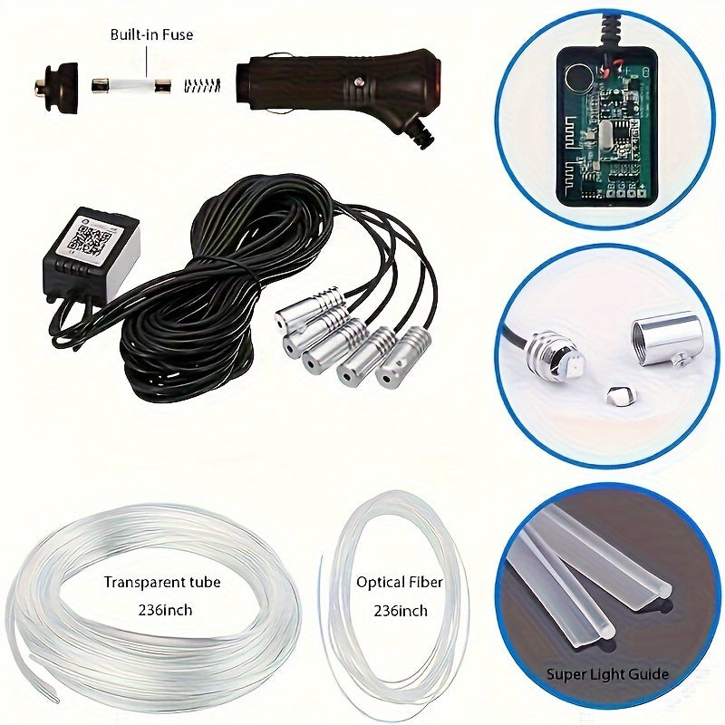 16m RGB Avtomobil ichki LED chiziq chiroqlari, simsiz ilova boshqaruvi, musiqa sinxronizatsiyasi, optik tolali to'plam