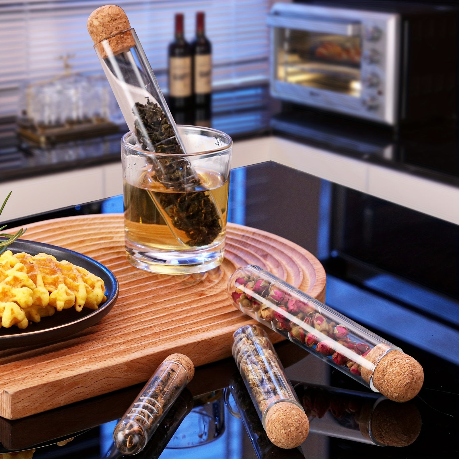 Ijodiy shisha test-tub choy infuzori, qayta ishlatiladigan gullar choy filtri, suyuqlik o'tkazmaydigan