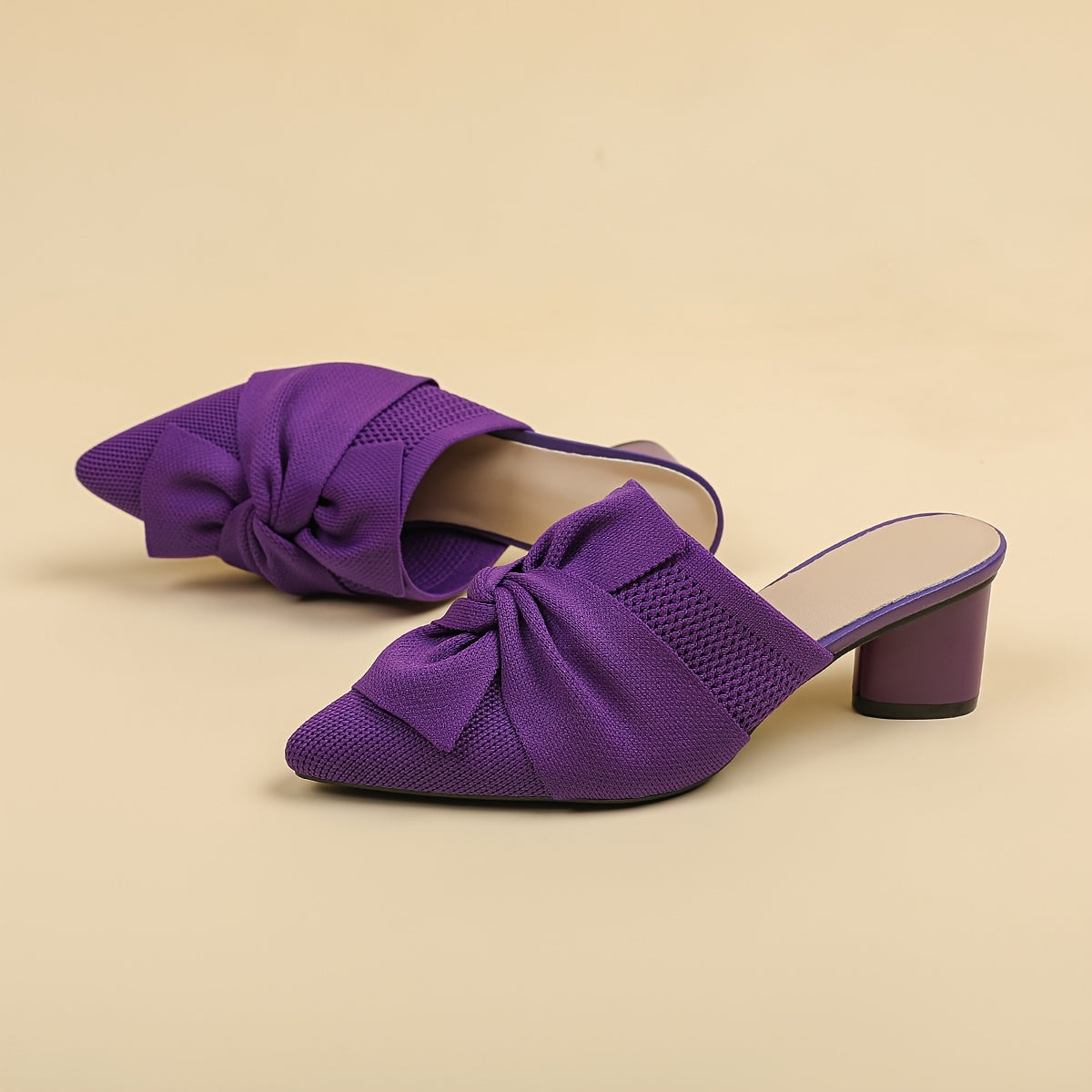 Women’s Pointed Toe Pumps Solid Color Fabric Slip-On Mid Heel Durable Sole