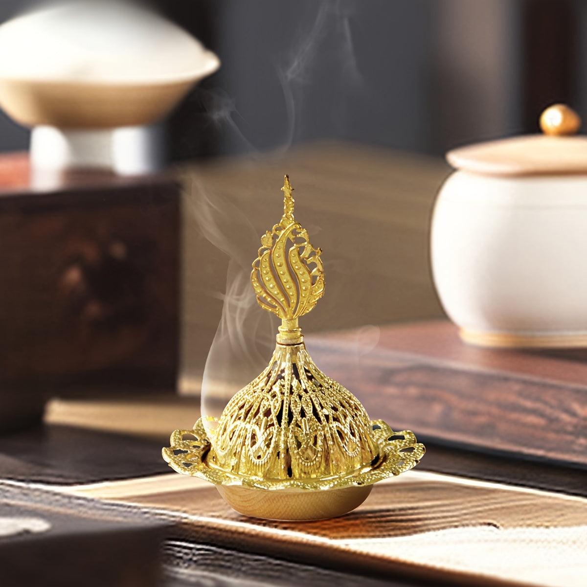 Golden Iron Incense Holder with Middle Eastern Design for Home Decor and Celebrations