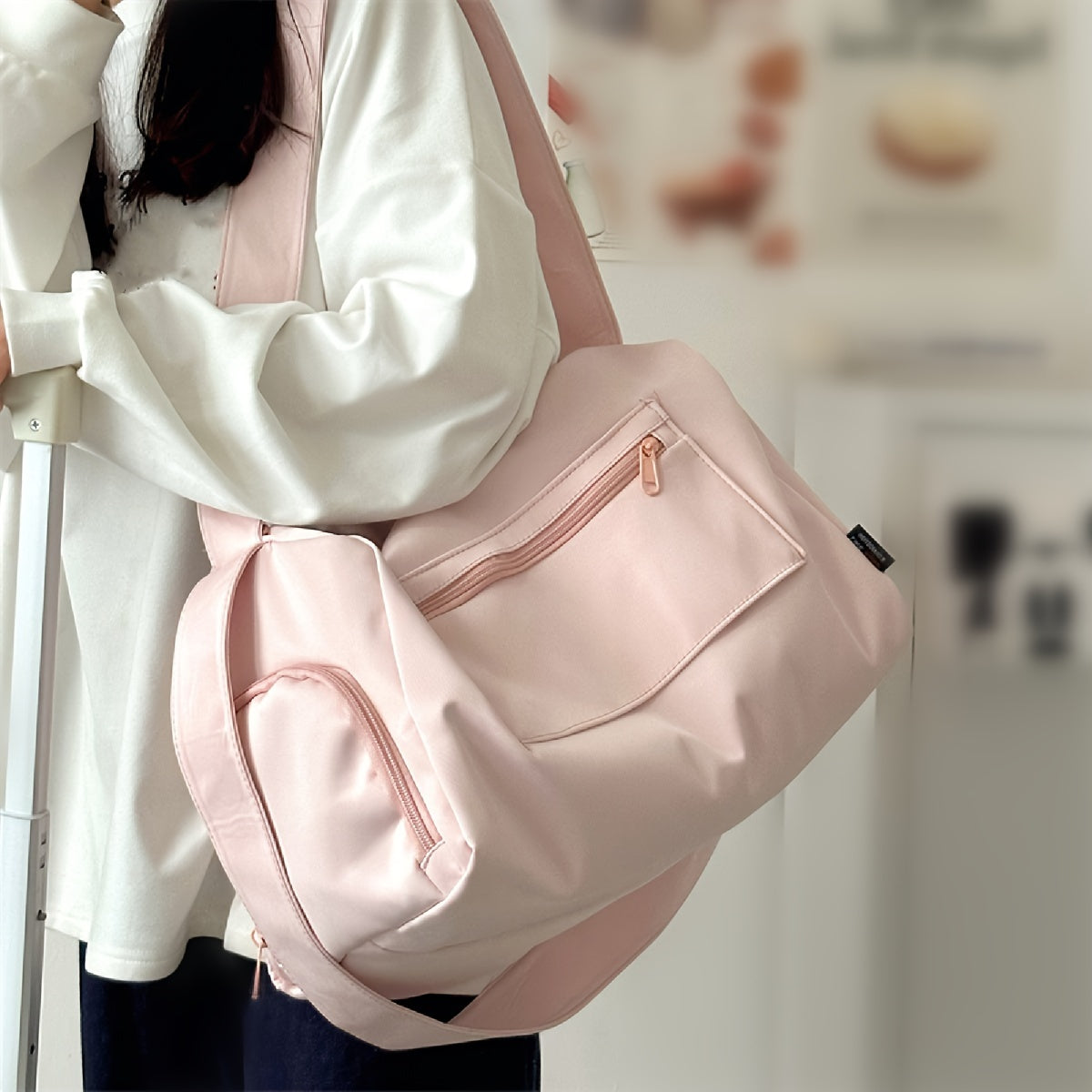 Pink Duffel Bag with Headphone Jack for Gym Travel and Short Trips Lightweight and Stylish