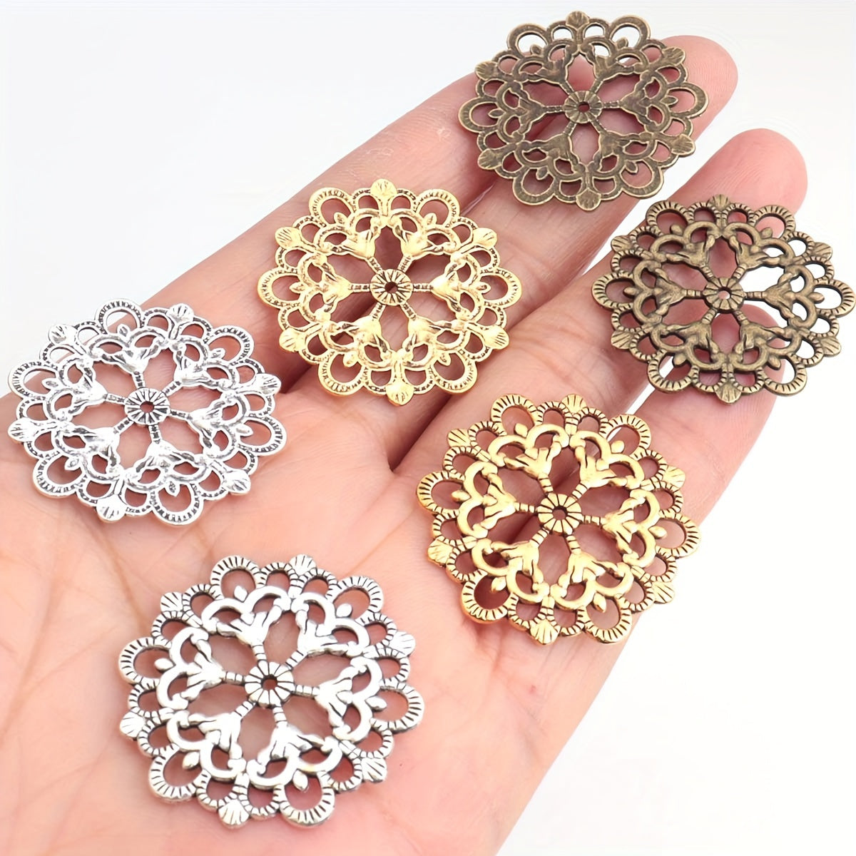 Set of 30 Antique Silver and Gold Hollow Lace Flower Round Pendants 30mm for Jewelry Making and Decorations