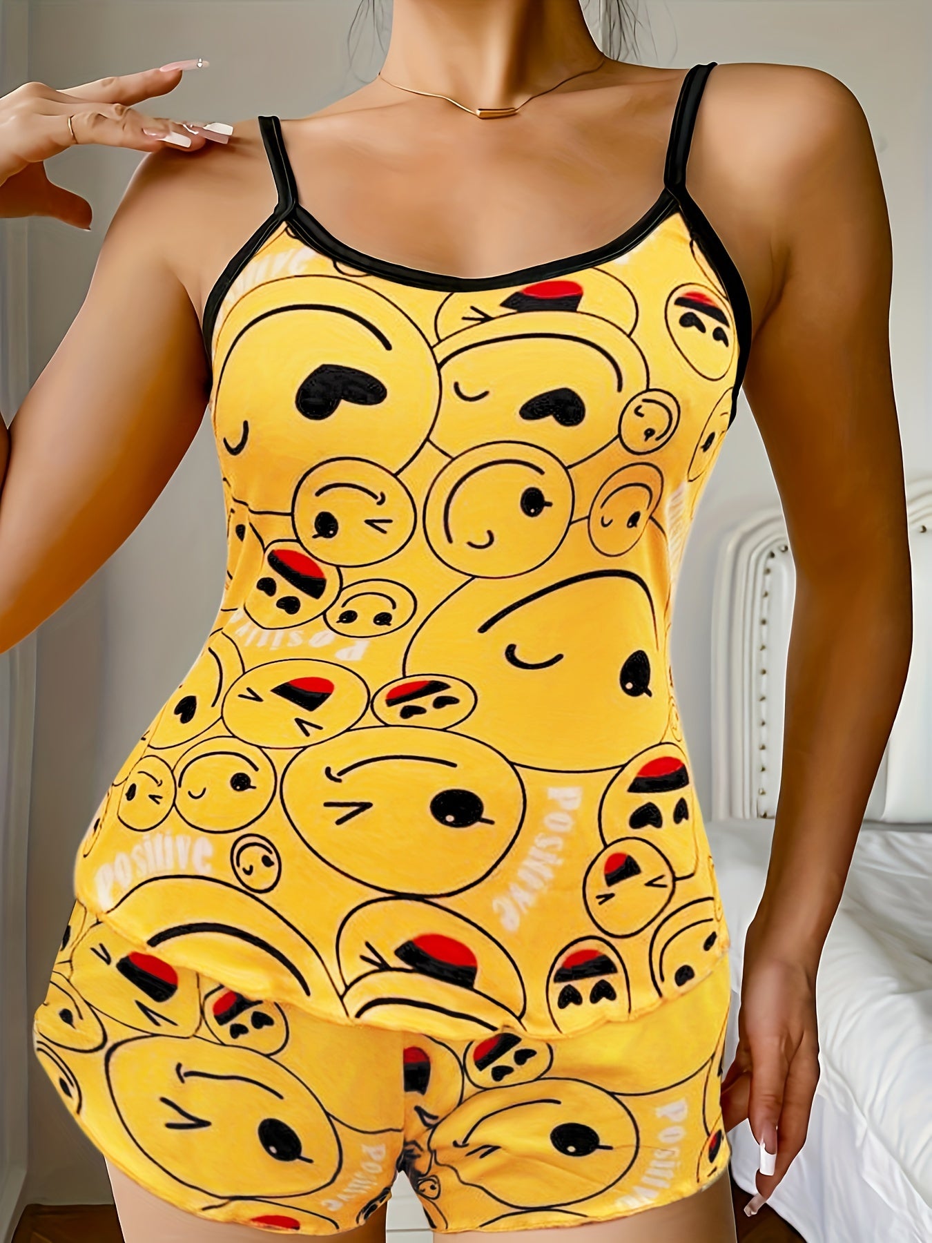 Women's Smiling Face Print Pajama Set with Frill Trim Backless Cami Top and Elastic Shorts