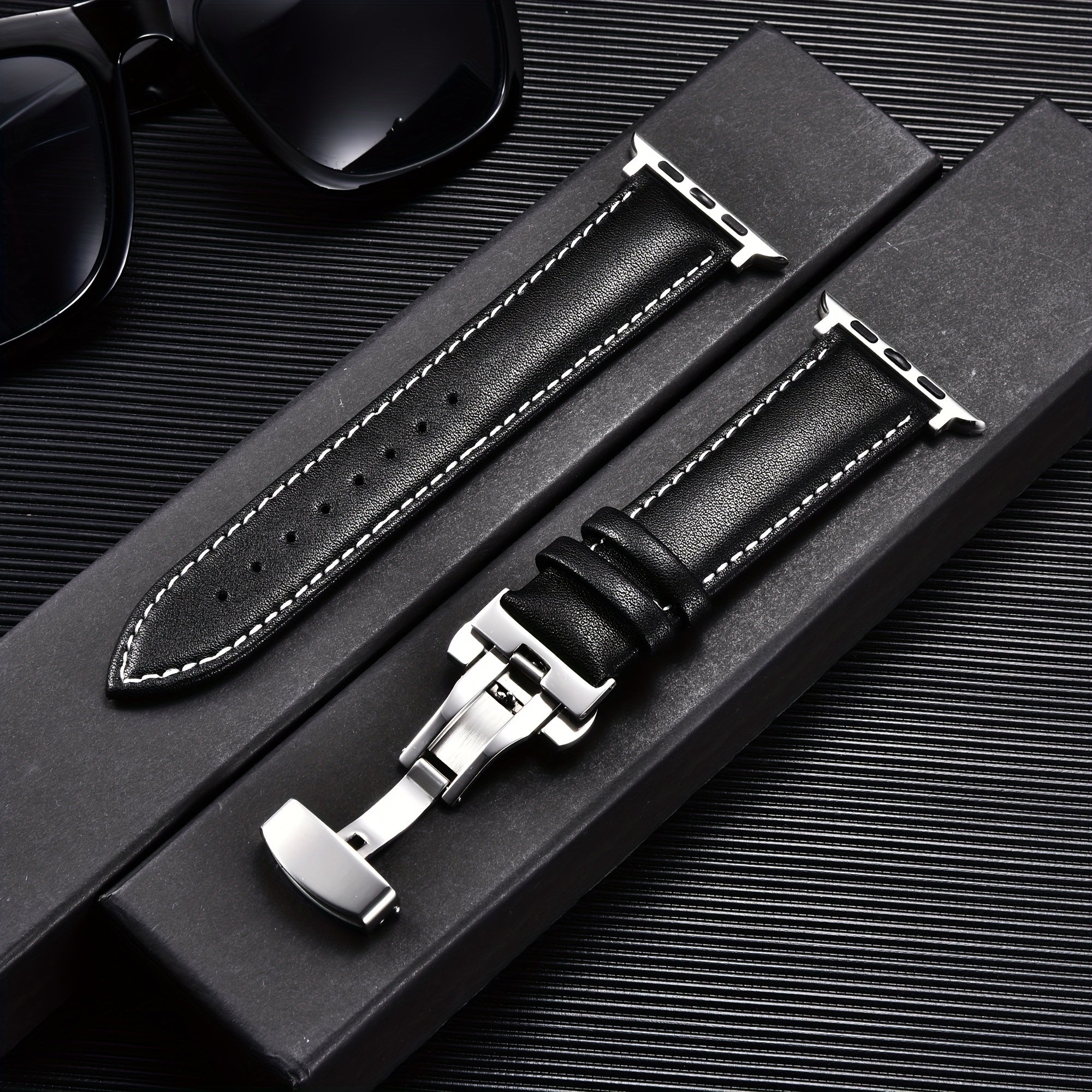 PU Leather Watch Band with Butterfly Clasp Compatible with All Apple Watch Models 38/40/41mm 42/44/45/49mm