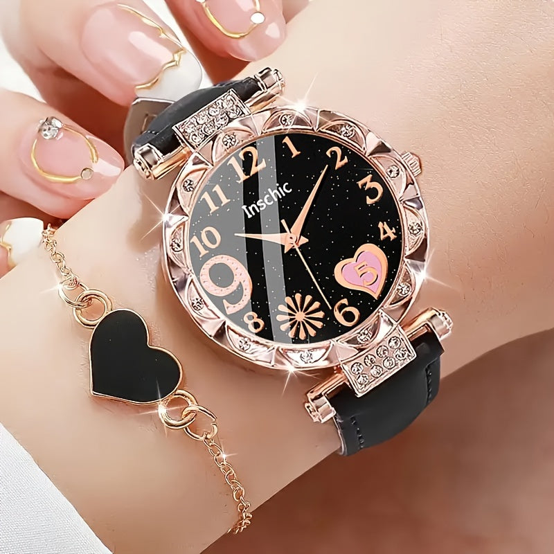 Heart Quartz Watch and Bracelet Set for Women Faux Leather Band Valentine Gift