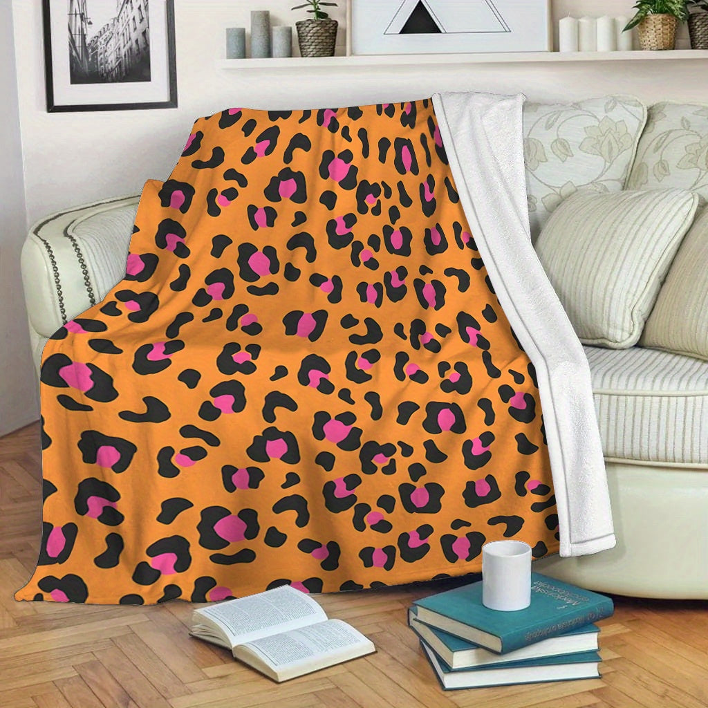 Cozy Flannel Fleece Blanket with Digital Orange Leopard Print for All Seasons