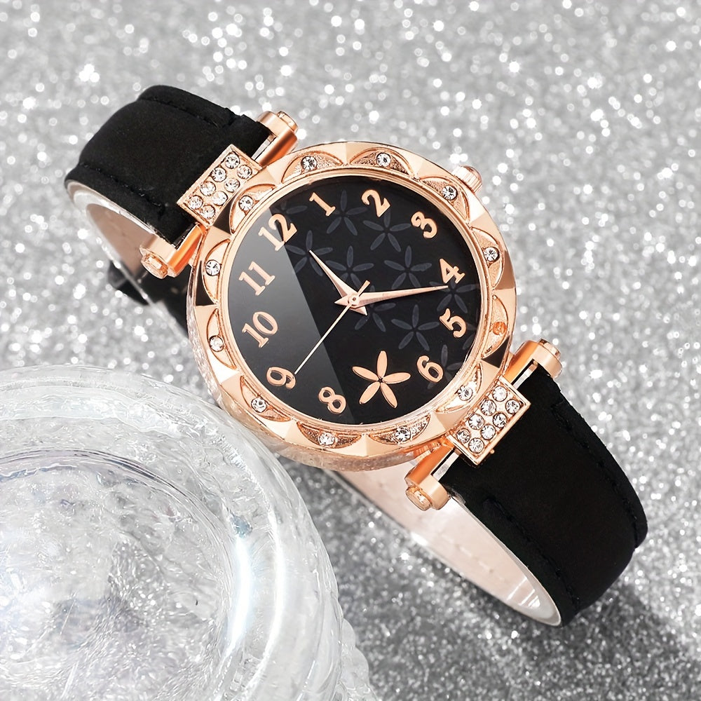 6 ta ayollar moda soatlari va bilakuzuklar to'plami, kvarts, rhinestone, sun'iy charm, gulli qobiq bilan