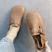 Women's Leather Flat Shoes with Buckle Strap Casual Loafers Brown