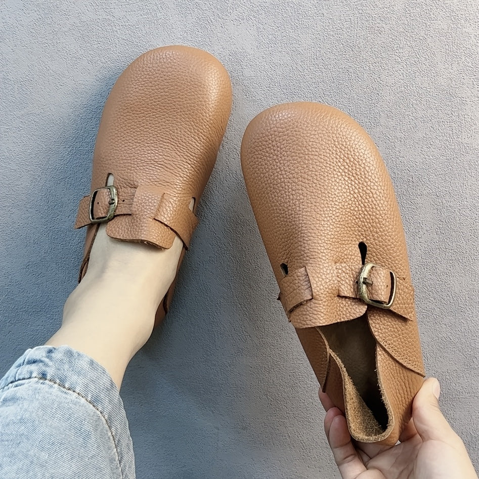Women's Leather Flat Shoes with Buckle Strap Casual Loafers Brown