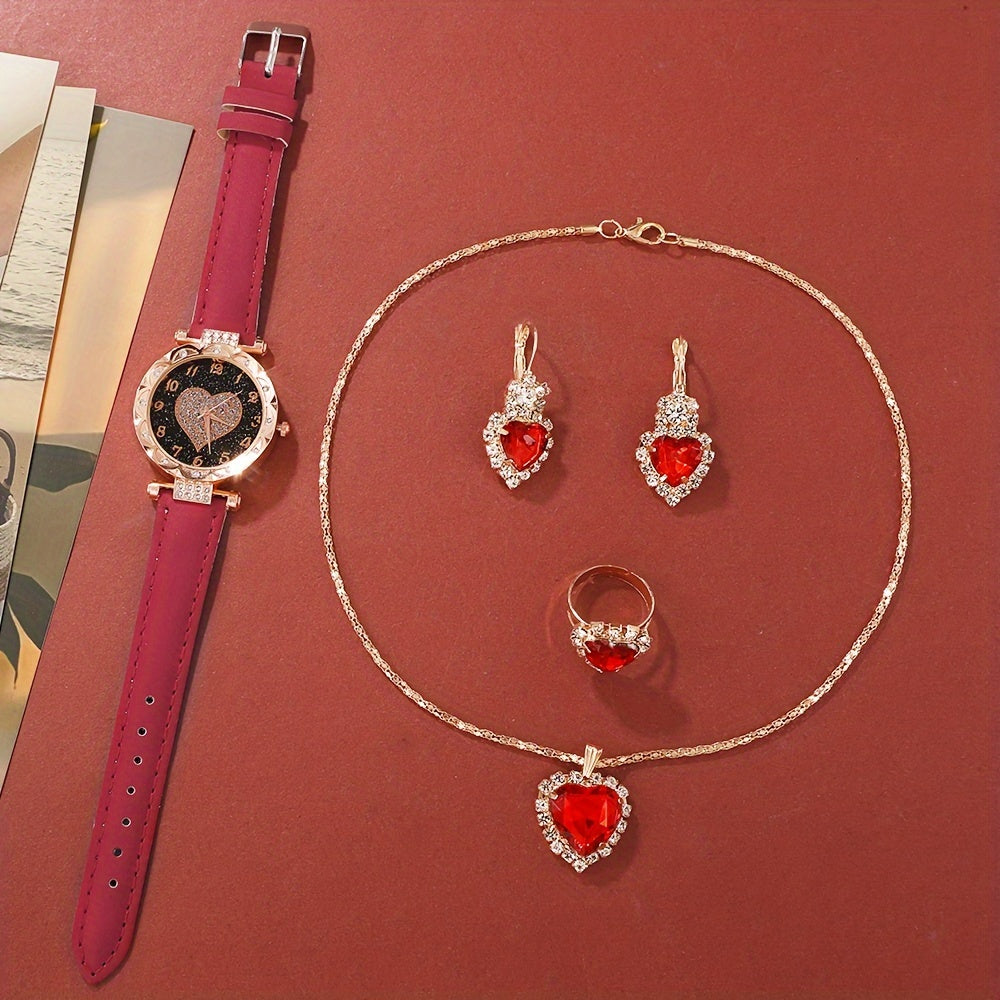 Women's Heart Quartz Watches Set with Rhinestone Accents and Matching Jewelry
