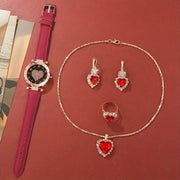 Women's Heart Quartz Watches Set with Rhinestone Accents and Matching Jewelry