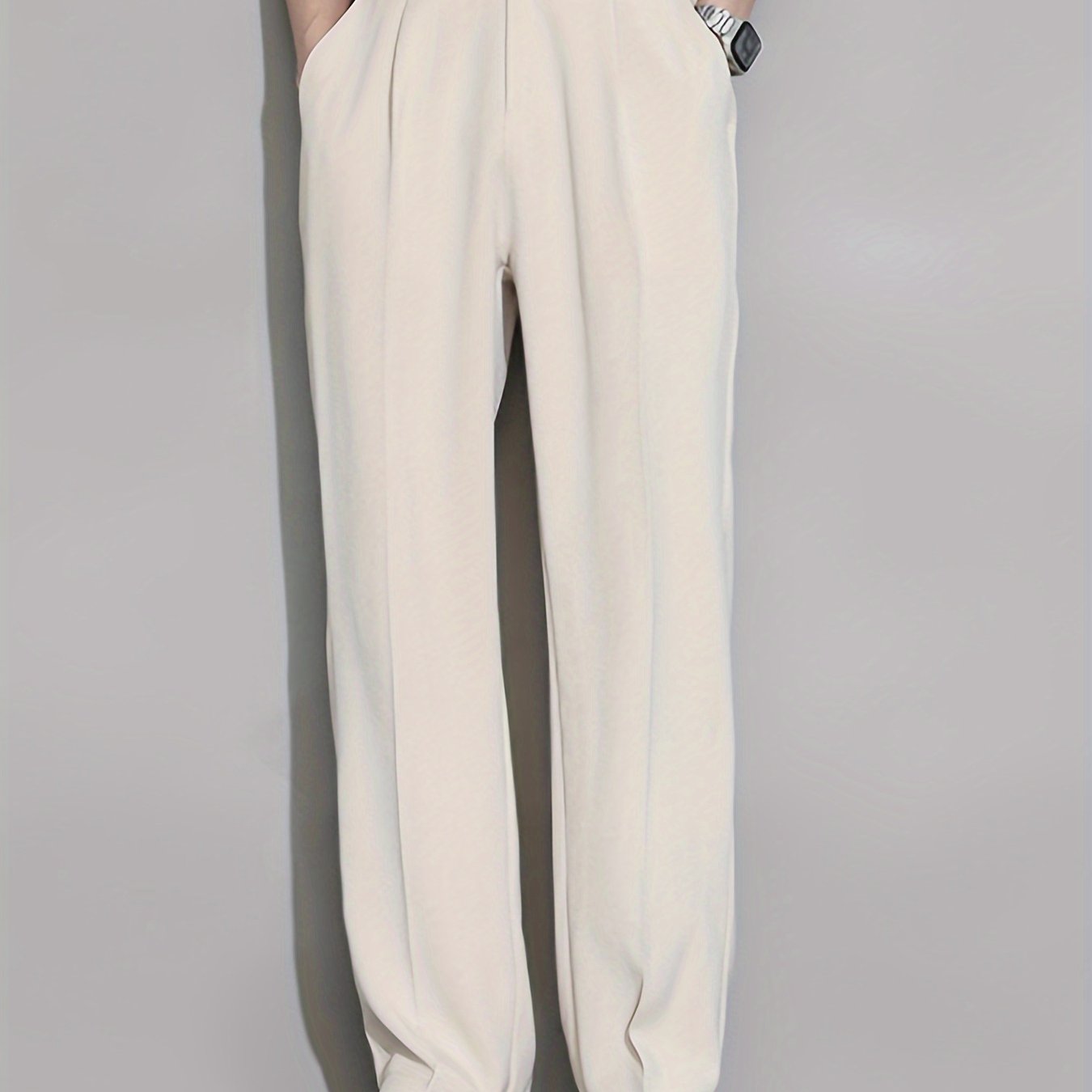 Pantalones de traje de verano para hombre de pierna recta, poliéster, sin elasticidad, de color sólido, casual, ajuste regular