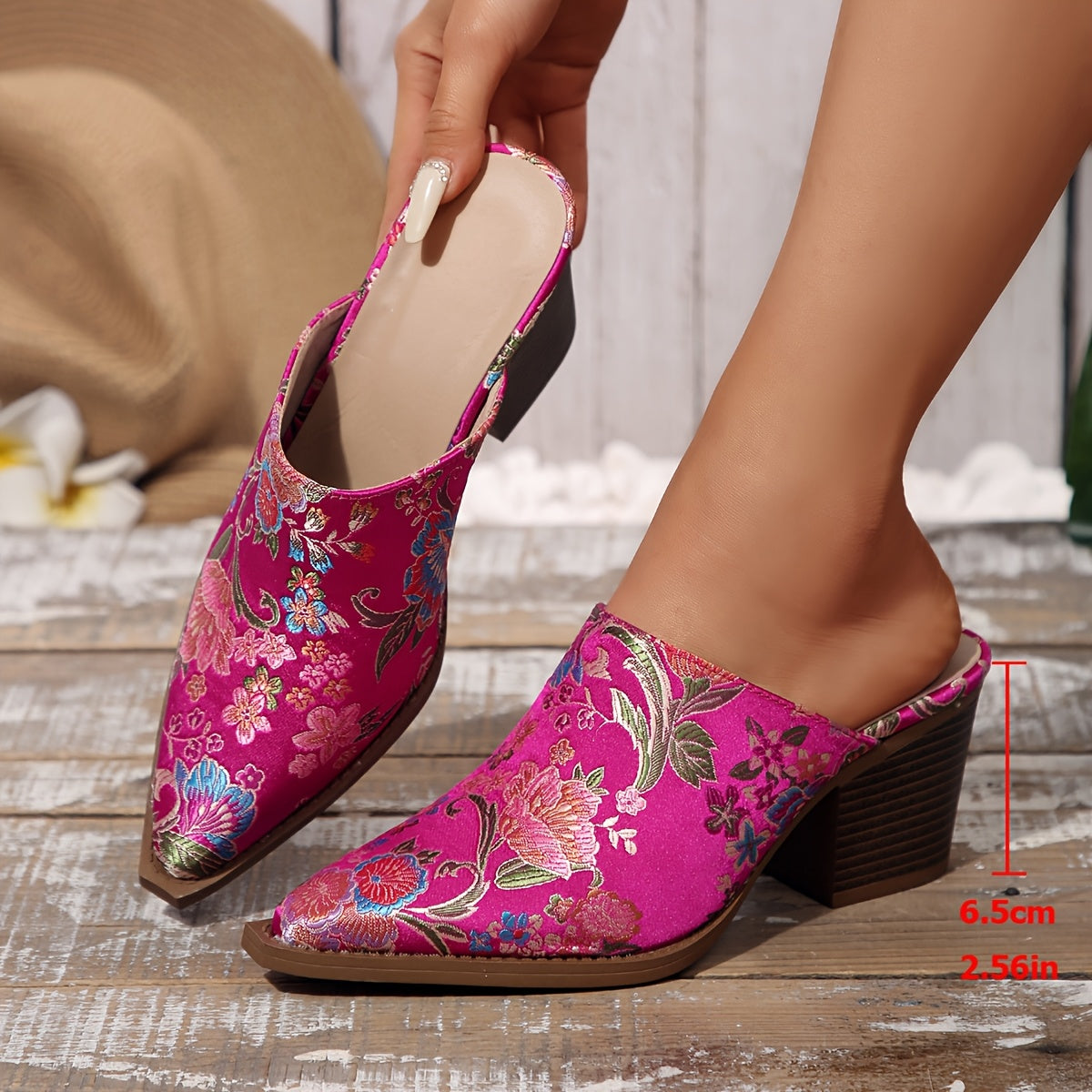 Women's Embroidered Pointed Toe Mules Green Blue Floral Slip-On Shoes