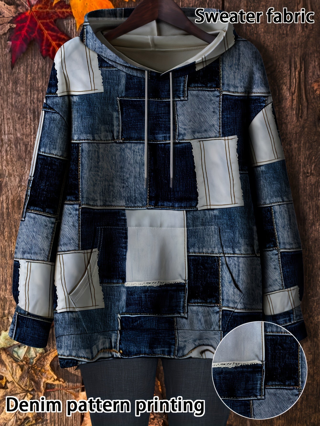 Plus Size Women's Imitation Denim Hoodie Casual Long Sleeve Faux Denim Patch