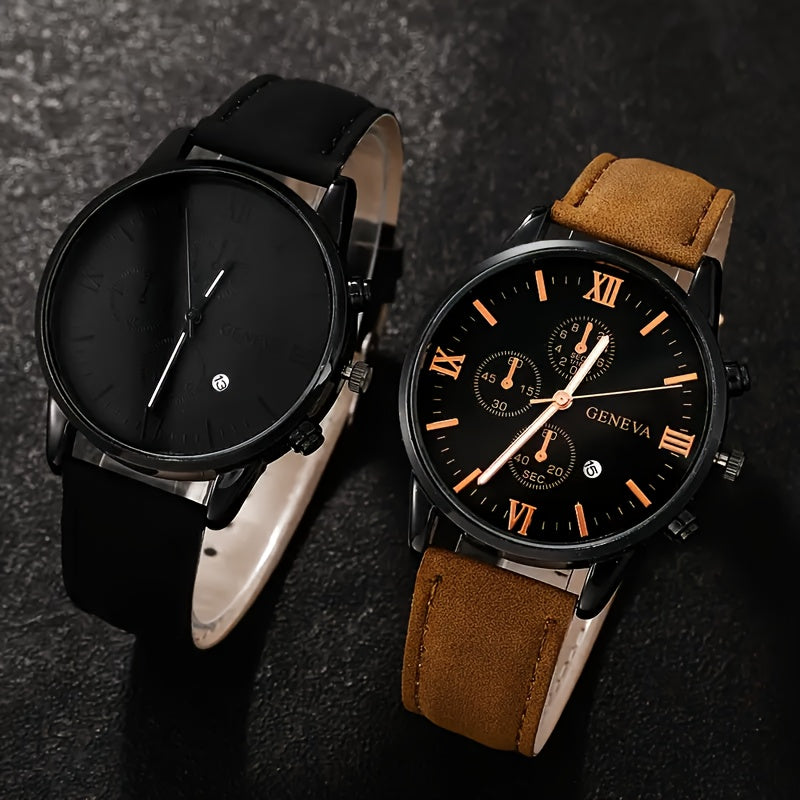 Set of 2 Men's Fashion Quartz Watches Alloy Case PU Leather Band Non-Waterproof Analog Shock-Resistant