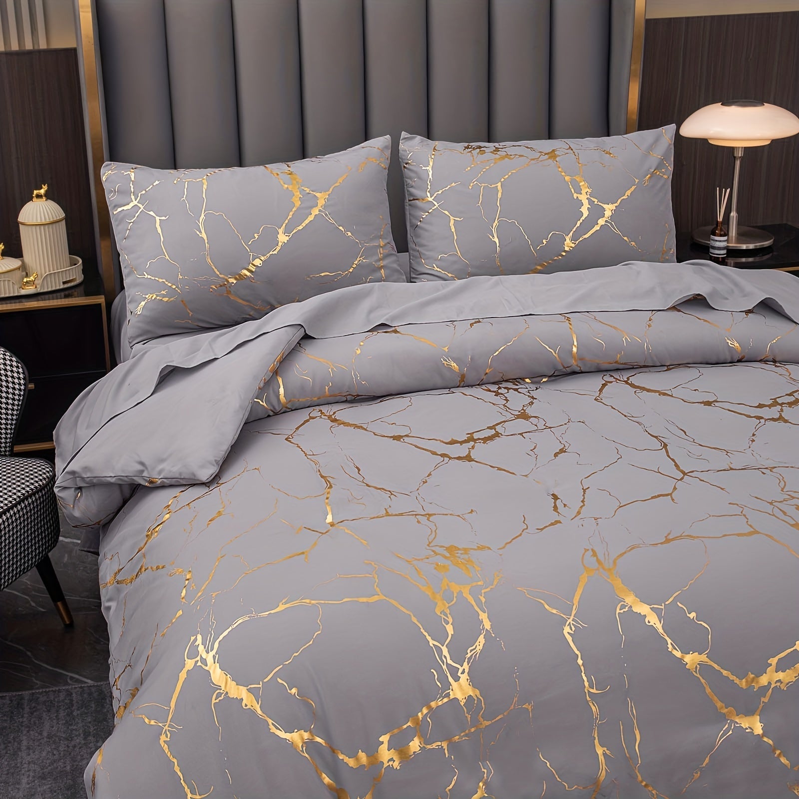 Elegant Marble Pattern Bedding Set in Pink Gray Green Blue Purple Washable Ultra-fine Fiber Duvet Cover 2-3 Piece