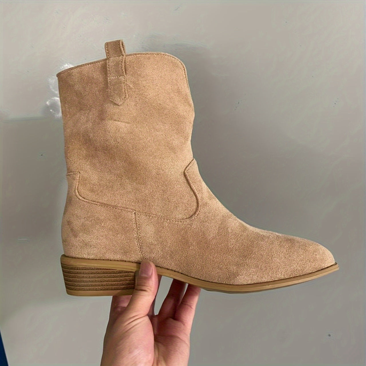 Women's Beige Slip-On Ankle Boots with Pointed Toe and Block Heel