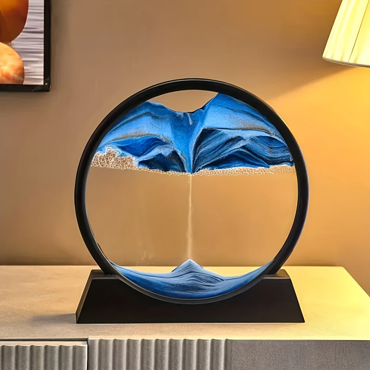 Large Round Glass Frame Sand Art with Flowing Sand Deep Sea Scene for Home Office Decor