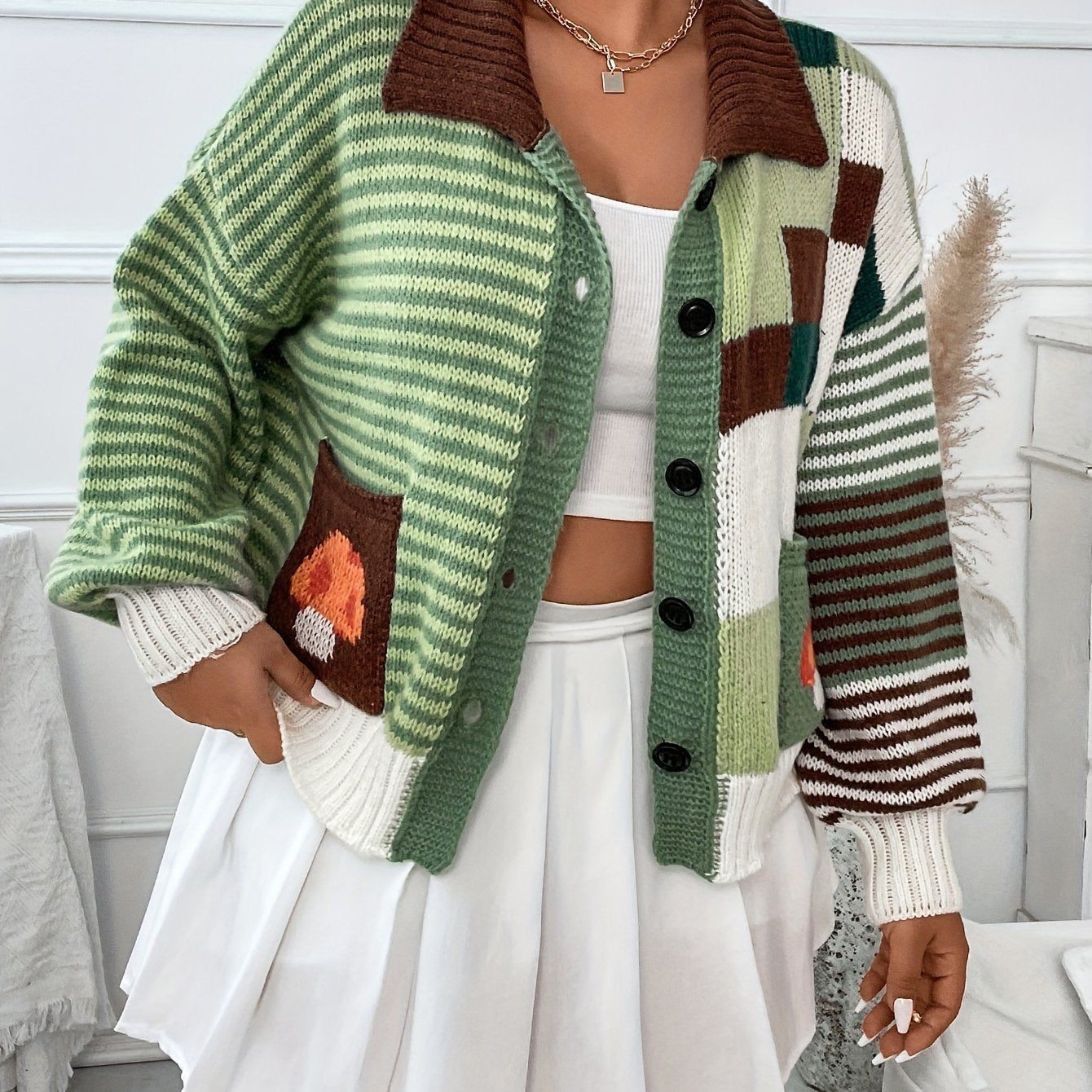 Women's Patchwork Striped Cardigan Polyester Knit Fabric Fall Winter Coat