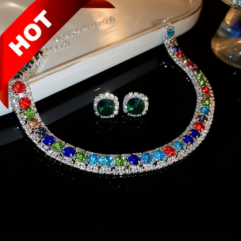 Emerald Crystal Jewelry Set for Women Necklace and Earrings Silver Plated Party Everyday