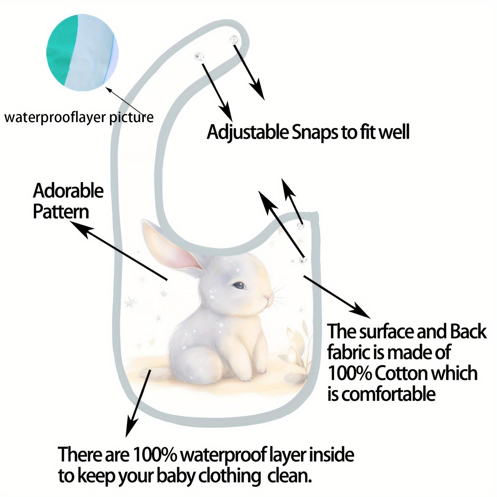 Set of 6 Waterproof Feeding Bibs for Boys and Girls Adjustable Snaps Cartoon Print