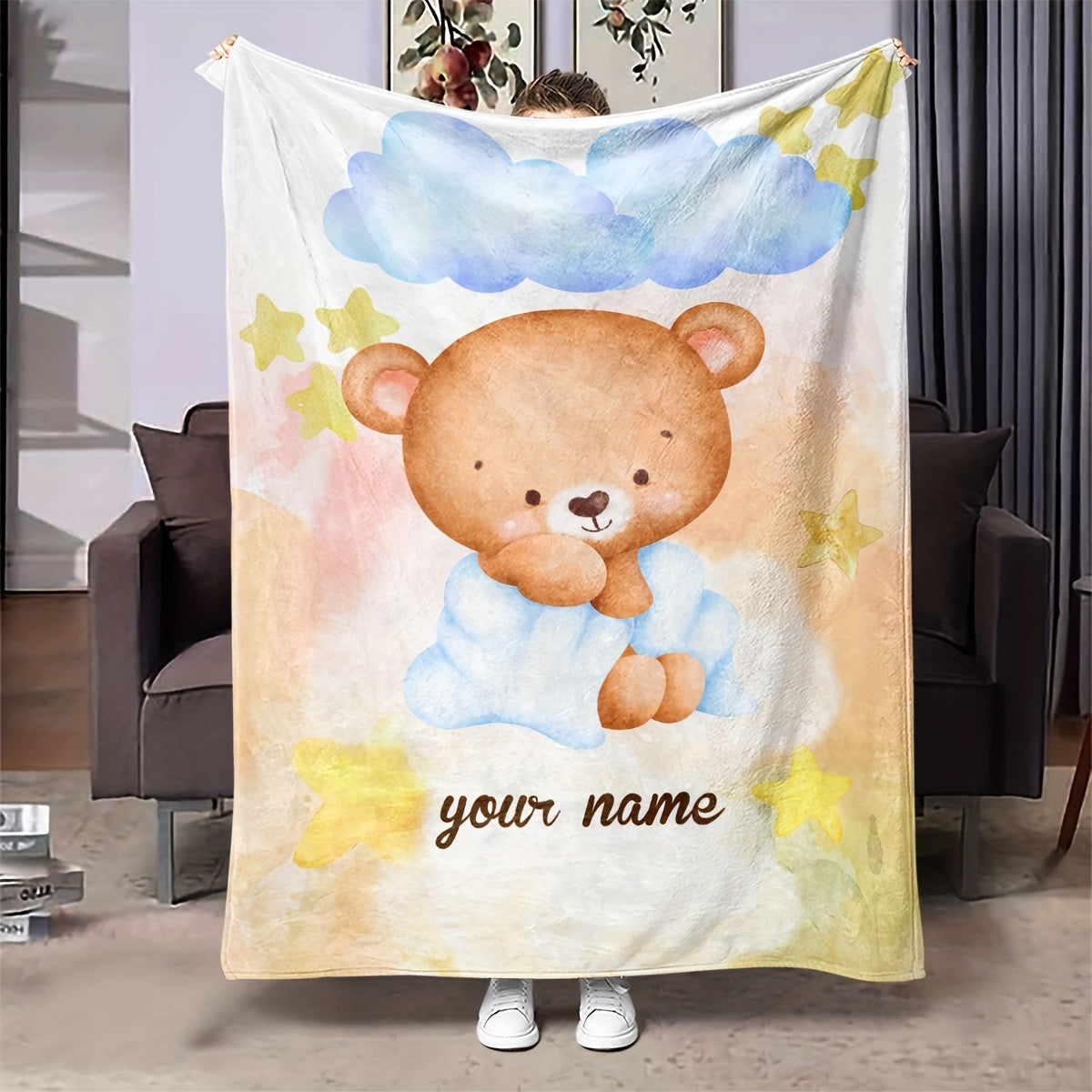Personalized Cartoon Bear Print Flannel Throw Blanket for Home Decor and Gifts