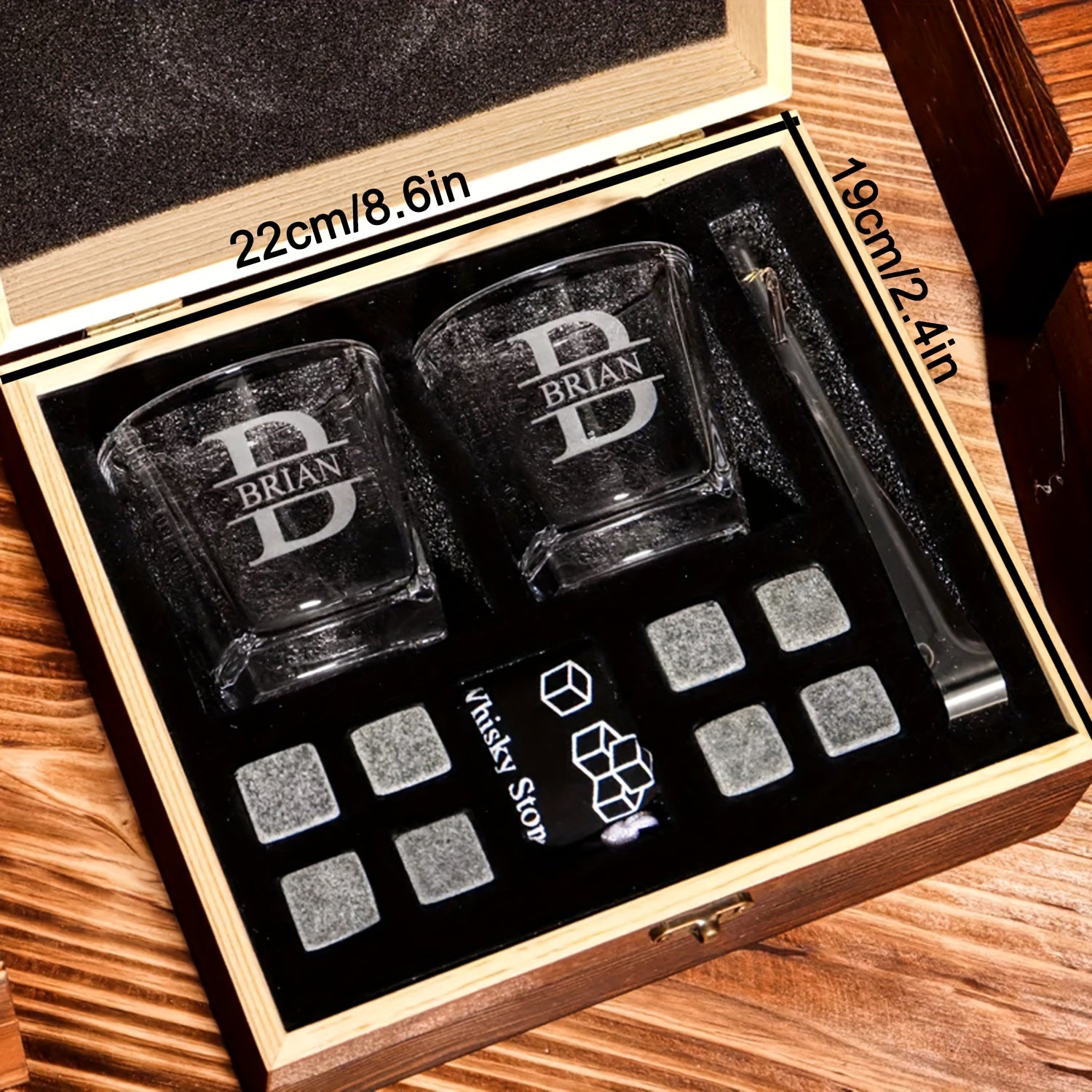 Set of 4 Personalized Whiskey Glasses with Wooden Box Gift Set for Groomsmen Fathers and Bachelors
