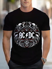 Katta o'lchamdagi AC/DC grafik futbolka, tasodifiy uslub, oddiy moslashuv, bosma dizayni bilan polyester krujka tee.