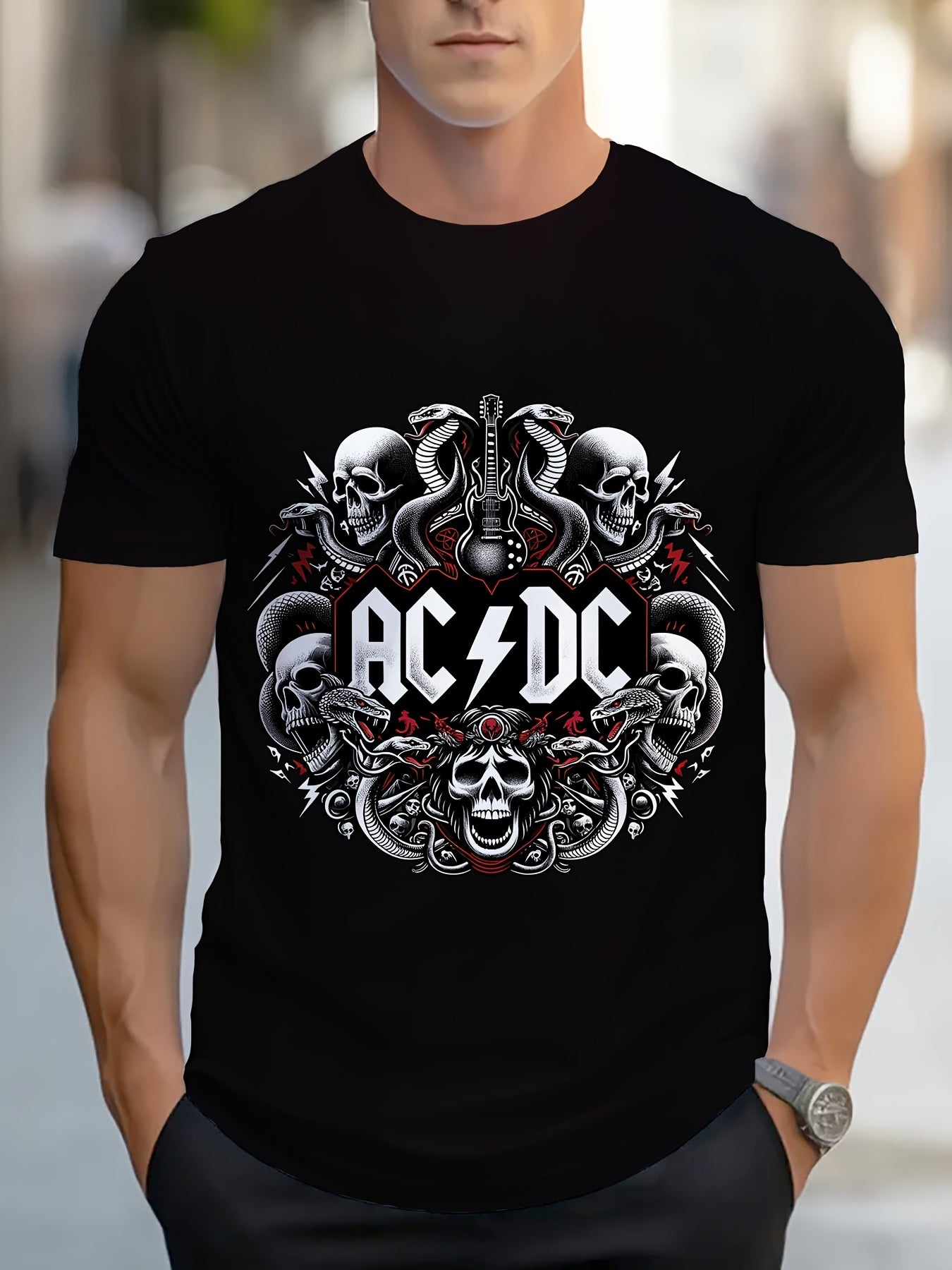 Katta o'lchamdagi AC/DC grafik futbolka, tasodifiy uslub, oddiy moslashuv, bosma dizayni bilan polyester krujka tee.