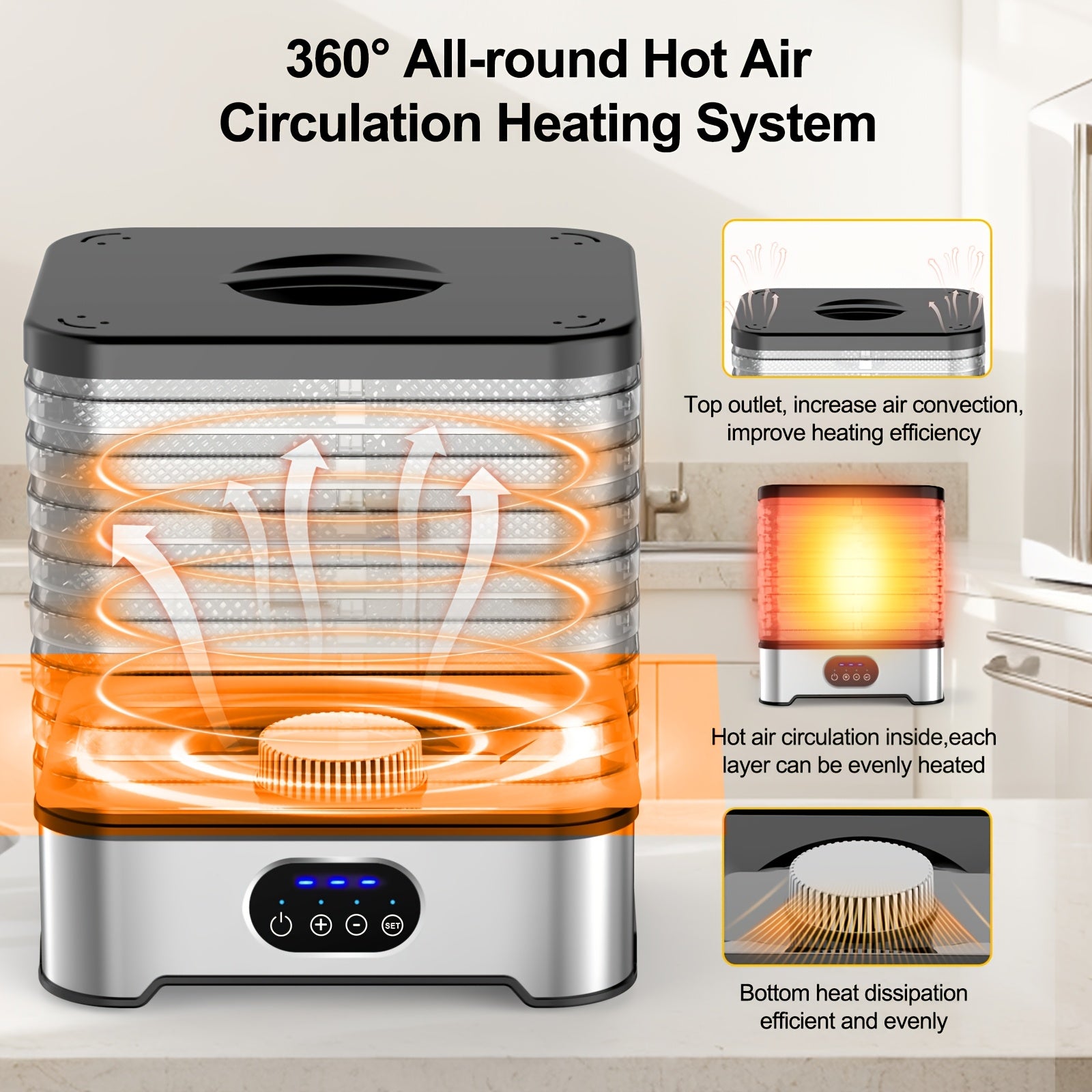 Food Dehydrator with digital timer LED display temperature control drying fruits tea snacks meat 360° hot air 3-speed