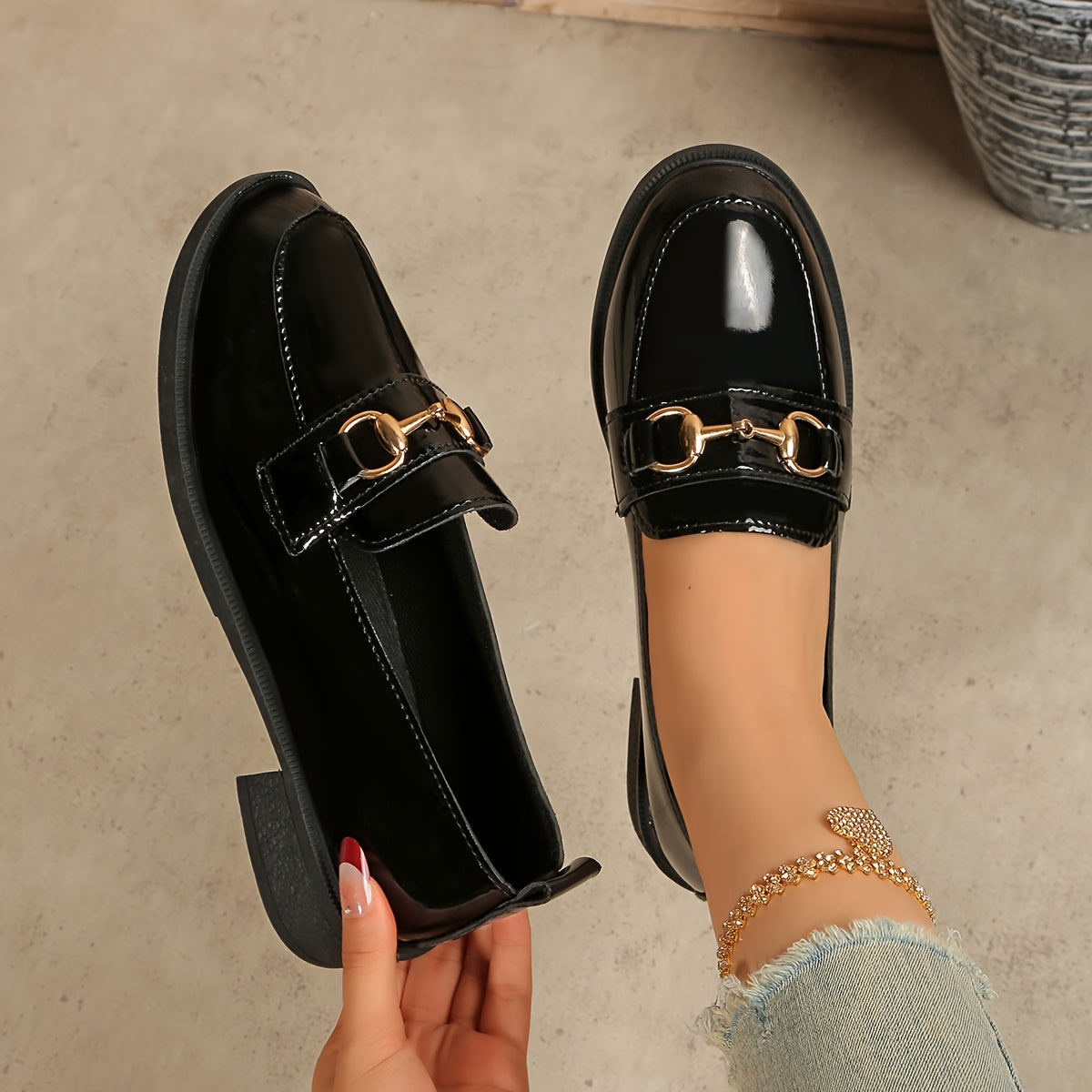 Women’s Slip-On Loafers Black PU Metallic Buckle Casual Office Shoes