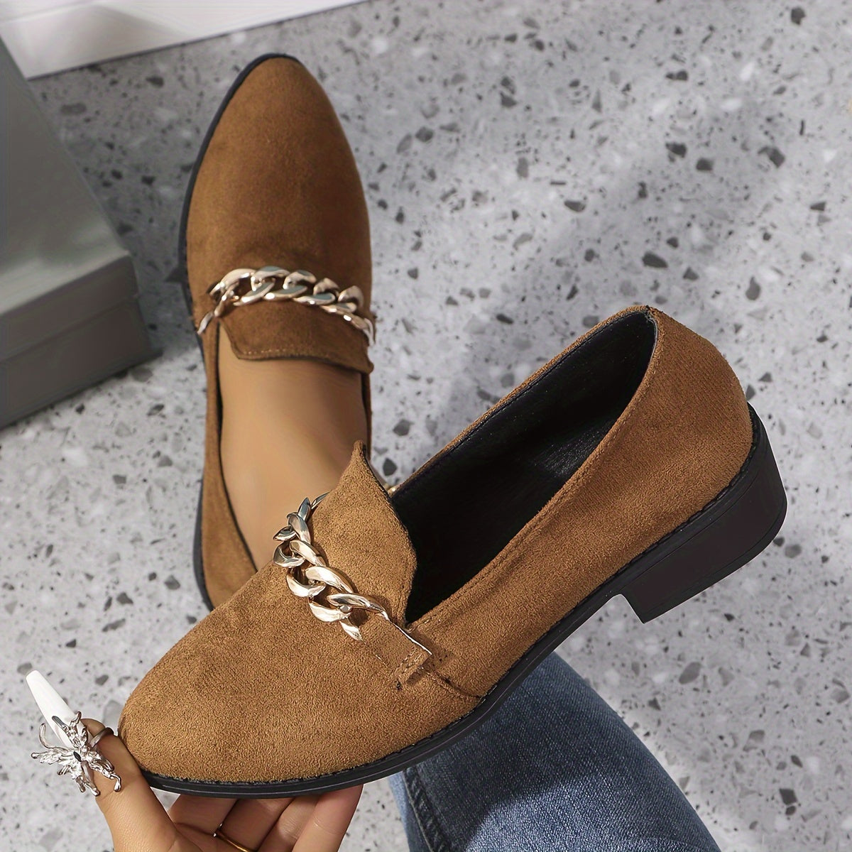 Women's Pointed Toe Flats with Gold Chain, Black Synthetic, Casual Shoes