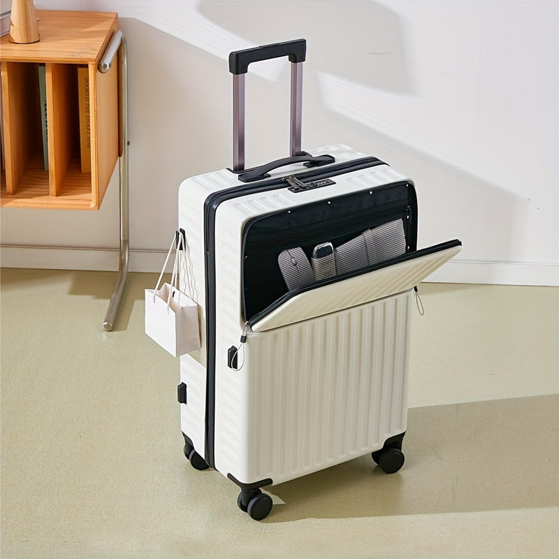 White 20 Inch Spinner Trolley Suitcase with Zippered Front Pocket and Telescopic Handle