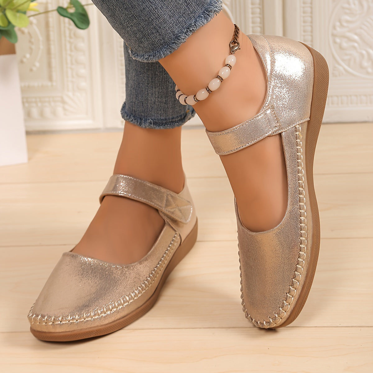 Ladies Flat Shoes Lightweight Comfortable Round Toe Buckle Strap Casual