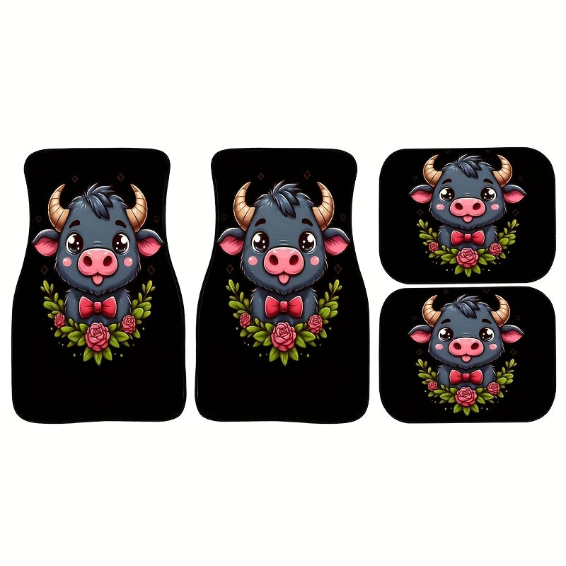 4PCS Non-Slip Water Absorbent Highland Cow Pattern Car Floor Mats for Sedan SUV