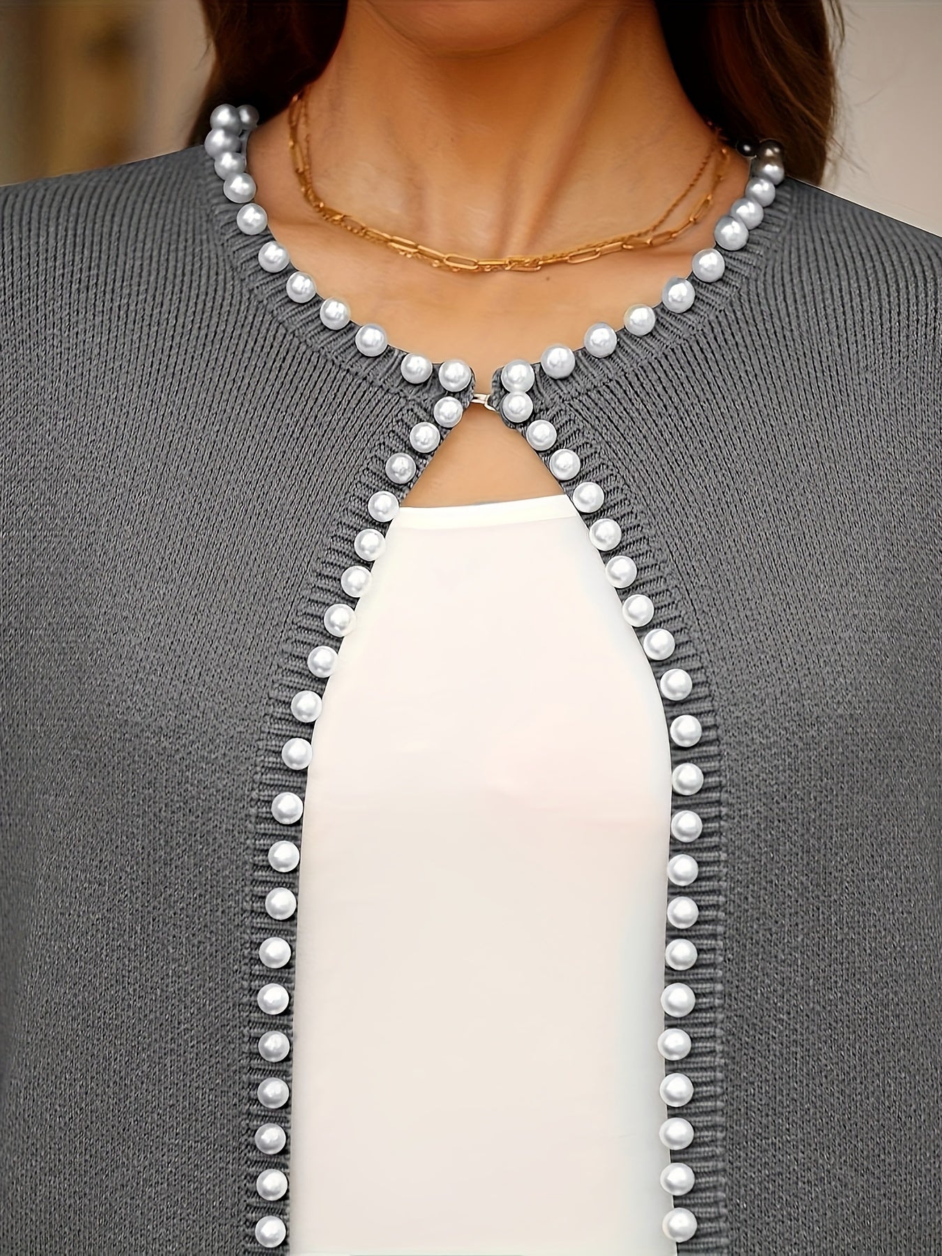 Cárdigan corto para mujer de talla grande con perlas, blanco, suéter de manga larga