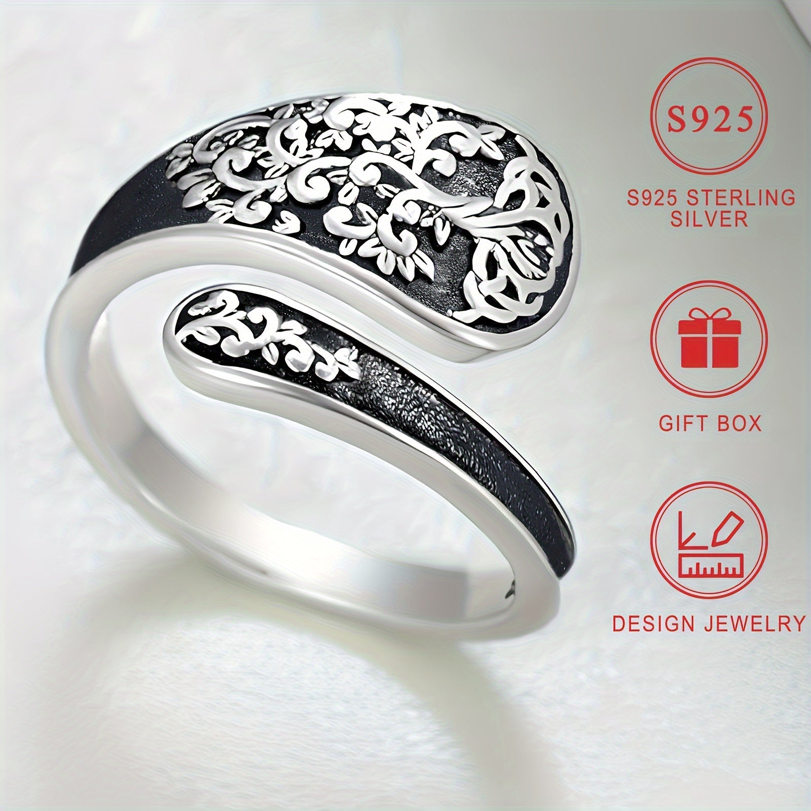 Sterling Silver Tree of Life Band Ring for Women Bohemian 3D Texture Gift Box