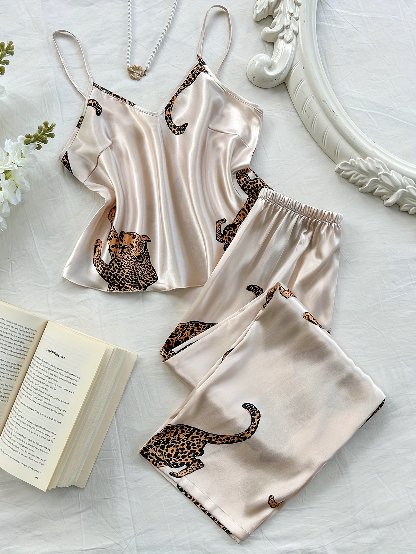 Leopard Print V-Neck Suspender Pajama Set for Adults