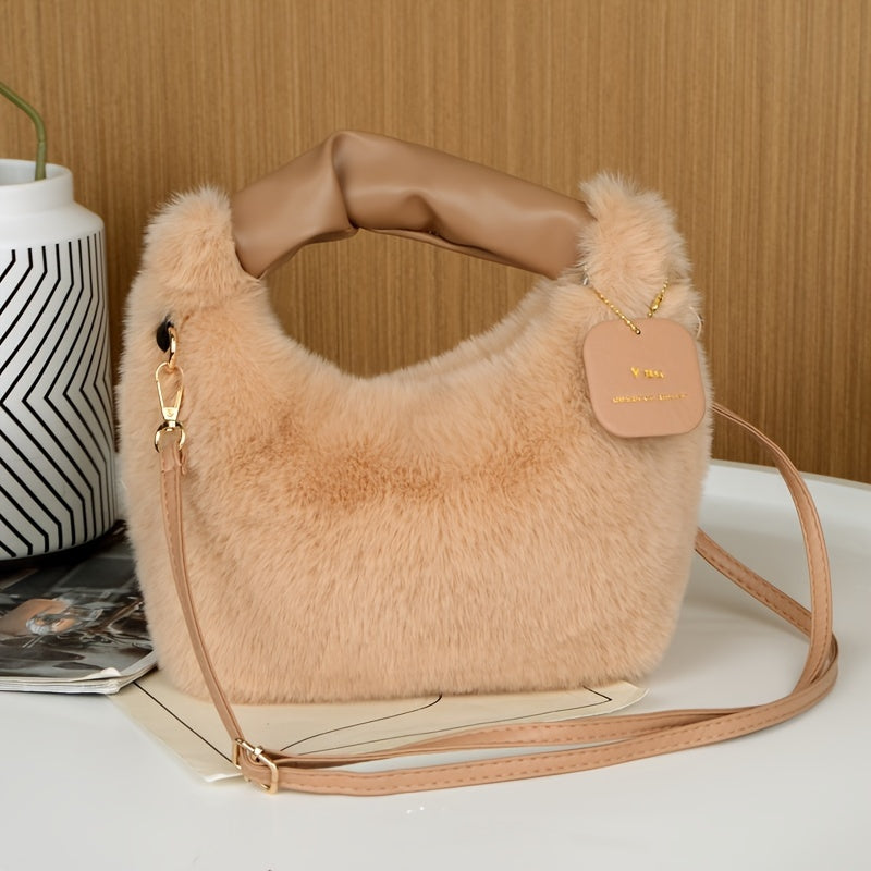 Women's Faux Fur Clutch Bag with Zipper and Top Handles for Autumn Winter Lightweight Black Beige Light Brown Dark Brown