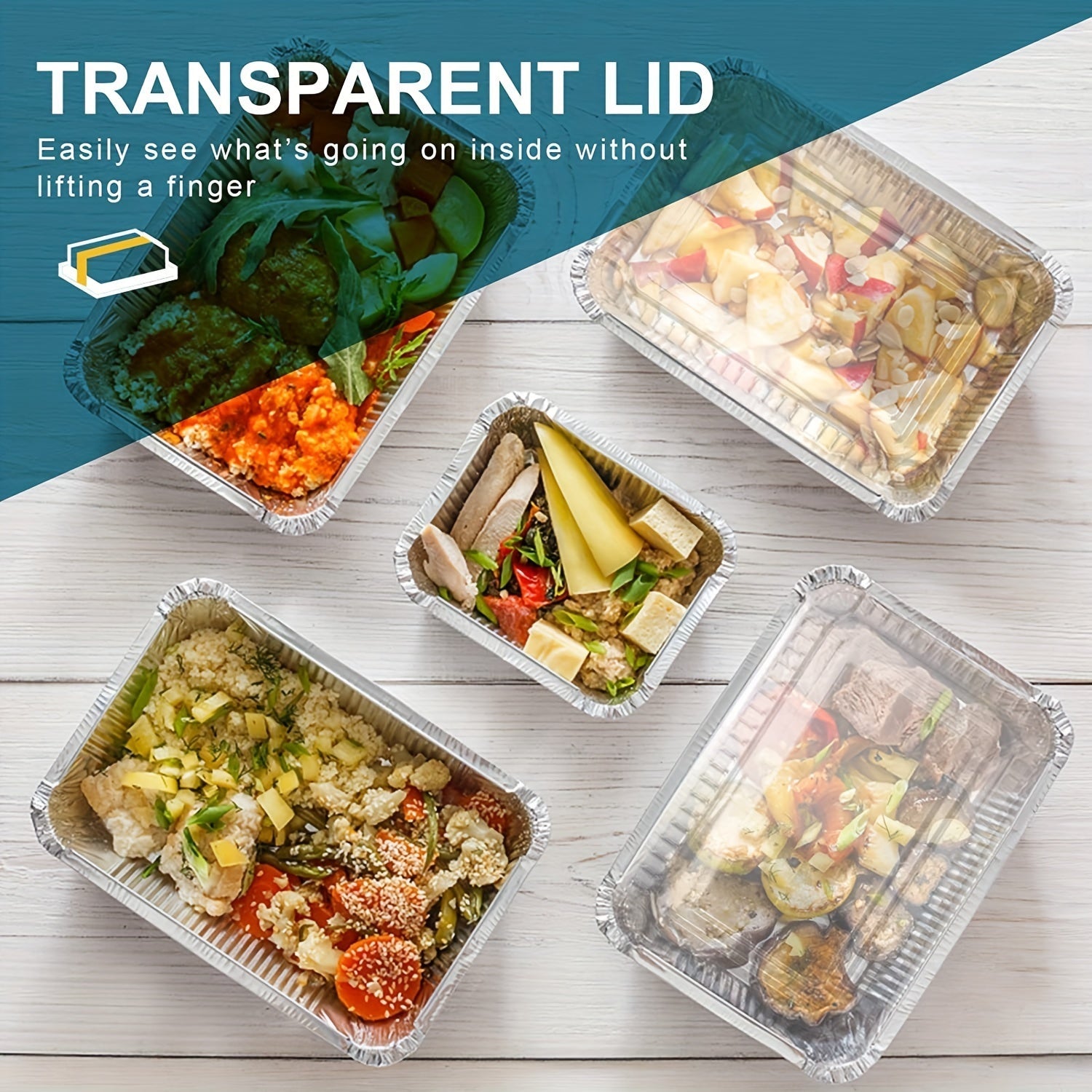 Set of 20 Aluminum Takeout Pans with Transparent Lids, Recyclable, 21.59cm x 16.51cm
