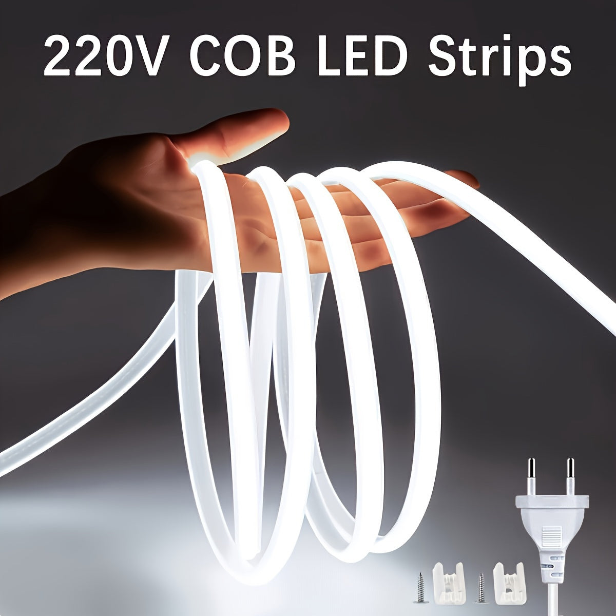 Luz de tira LED COB flexible de 220V 12W/m para interior y exterior, cortable, blanca