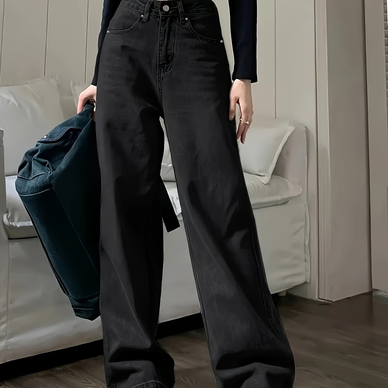 Jeans de estilo vintage para mujer con pierna recta suelta y múltiples bolsillos, pantalones de mezclilla para uso casual