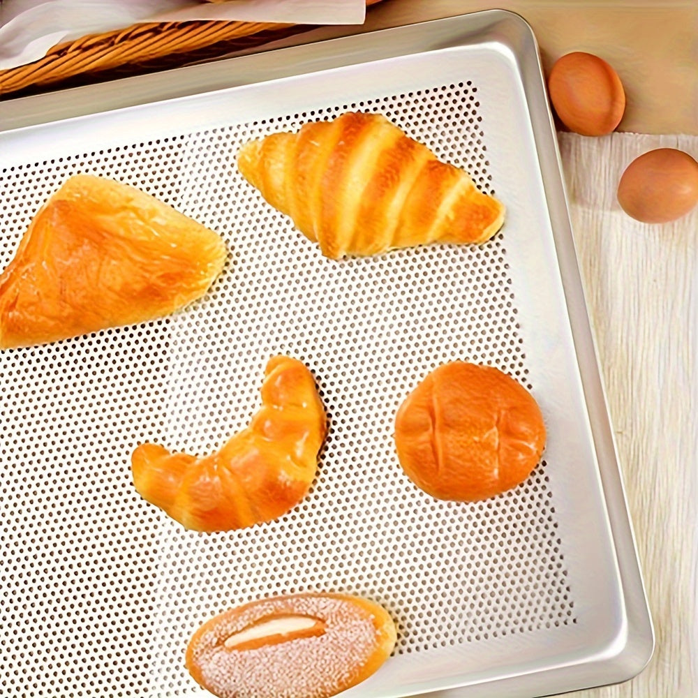 Анодированный противень с антипригарным прямоугольным формой для выпечки, перфорированным дизайном и дышащим серебристым алюминиевым материалом для инструментов для выпечки в духовке.