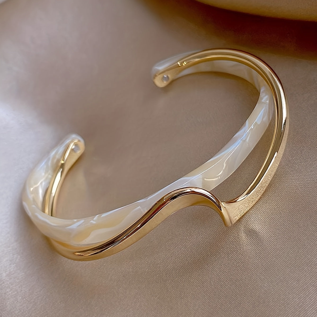 Women's Gold Plated Wave-Shaped Cuff Bangle with Faux Pearl Inlay
