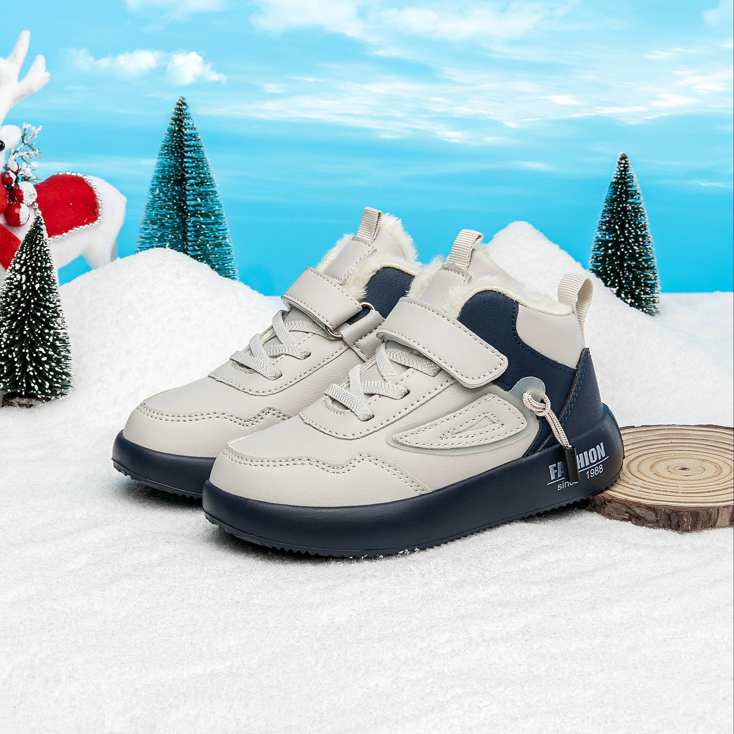 Boys Winter Snow Boots Waterproof Non-Slip Plush Lined High Tops Gray Navy