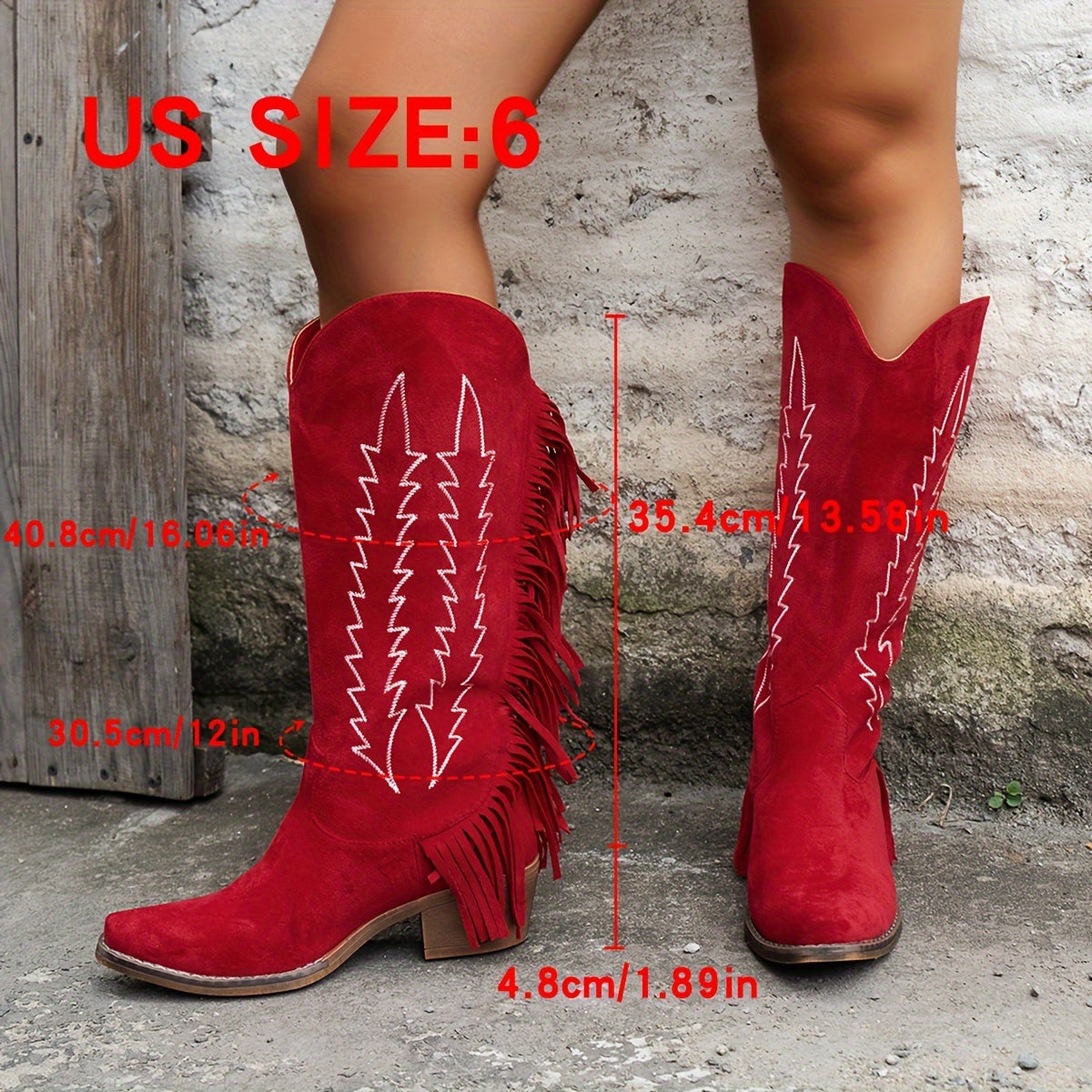Women's Red Embroidered Western Cowboy Boots with Fringe and Block Heel